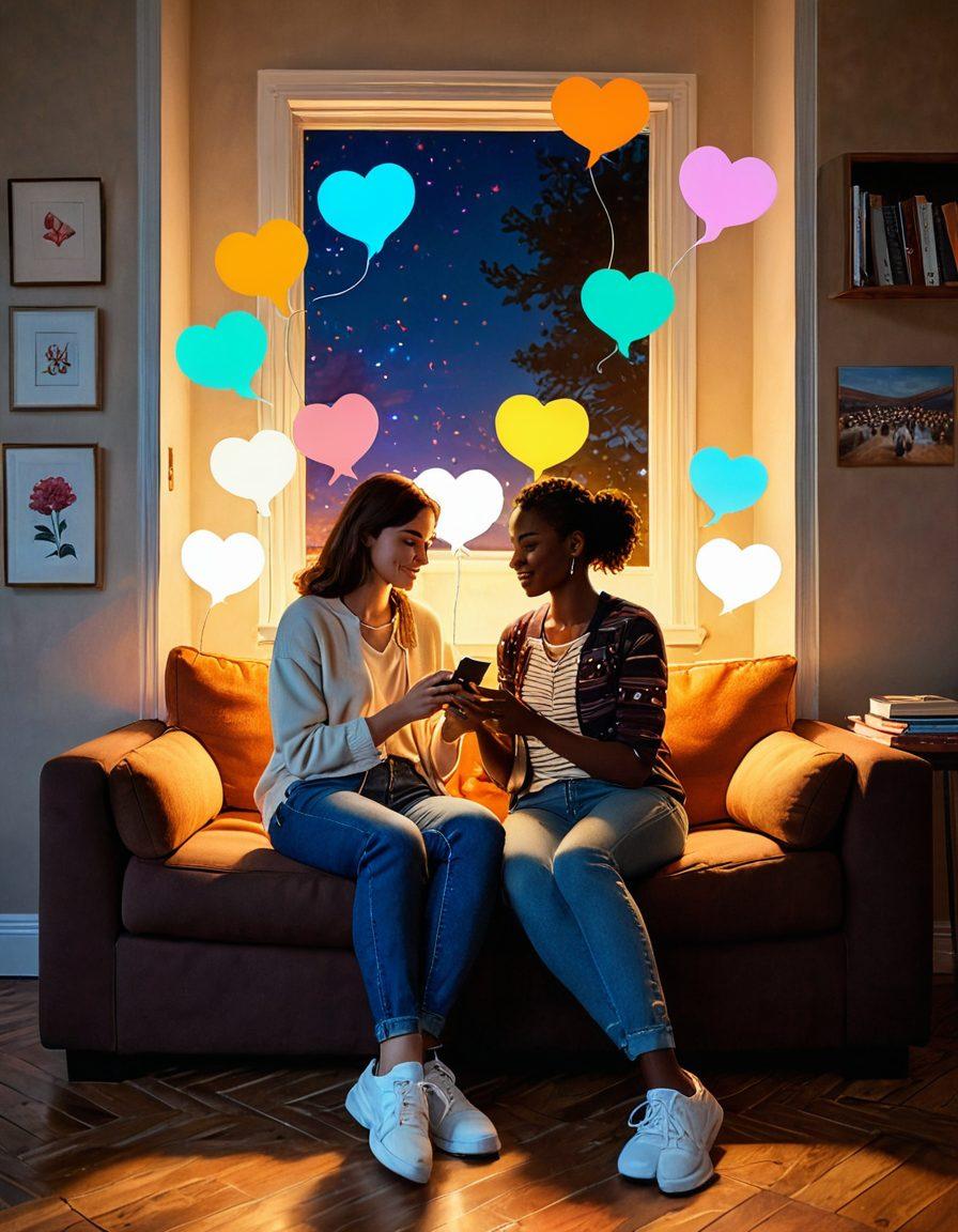 A cozy, intimate scene of two people sitting together in a softly lit room, surrounded by floating text bubbles filled with romantic phrases and emojis, symbolizing communication through text. A warm glow emanates from their phones as they smile at each other, conveying connection and understanding. Include a heart-shaped pattern subtly in the background to enhance the theme of love and communication. vibrant colors. cozy atmosphere. digital art.