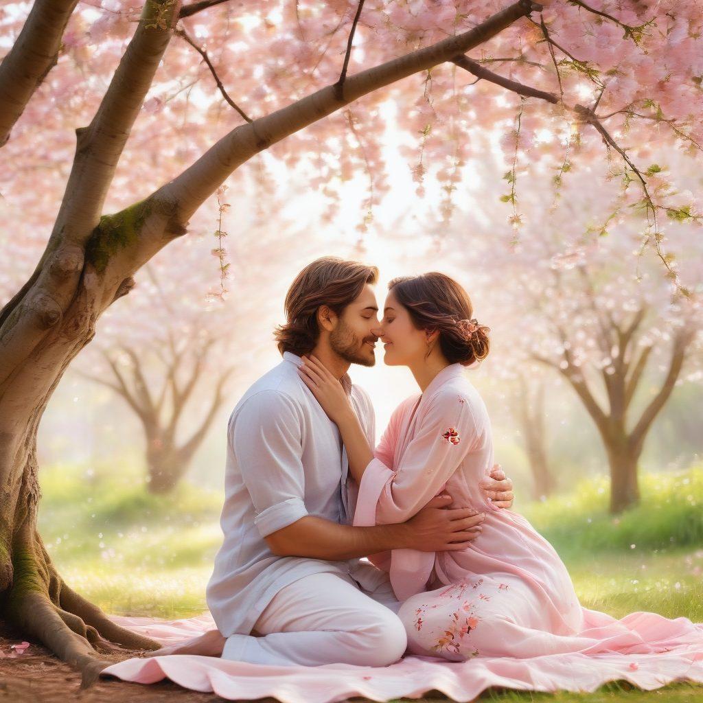 A couple sitting together under a blooming cherry blossom tree, exchanging heartfelt notes filled with love and affection. The background features soft pastel colors and warm sunlight, symbolizing connection and intimacy. Include delicate butterflies fluttering around to represent joy and freedom in communication. Capture the emotions of love and trust in their expressions. painting. vibrant colors. soft focus.
