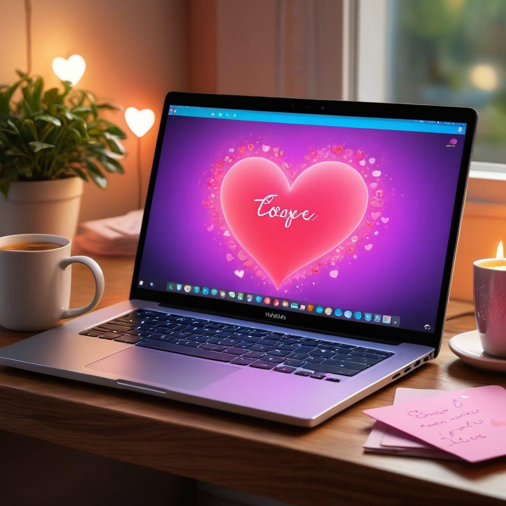 A cozy, modern workspace with a laptop open to a heart-themed chat app, colorful digital love notes floating around. Include soft lighting and a cup of coffee next to it, symbolizing warmth and connection. A subtle holographic effect should surround the notes, enhancing their magical feel. Feelings of love and communication should be evident. super-realistic. vibrant colors.